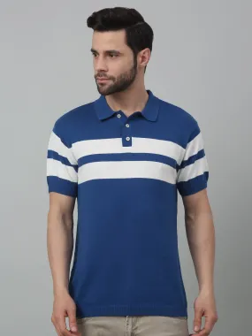 Men's Royal Blue Stripe Polo neck Half Sleeve Flatknit T-Shirt