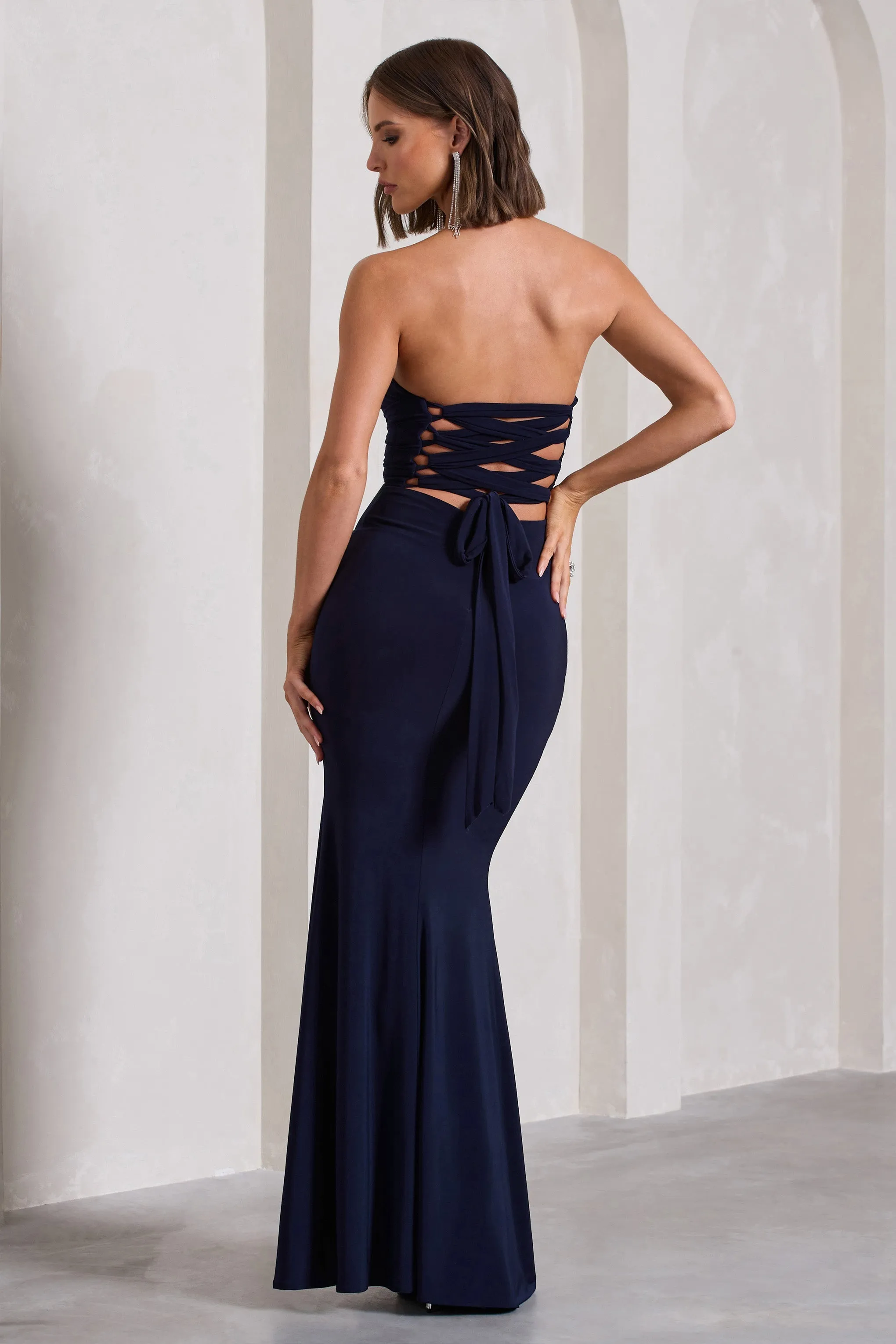 Midnight Calling | Robe longue bleu marine à encolure bandeau et fente sur le cté