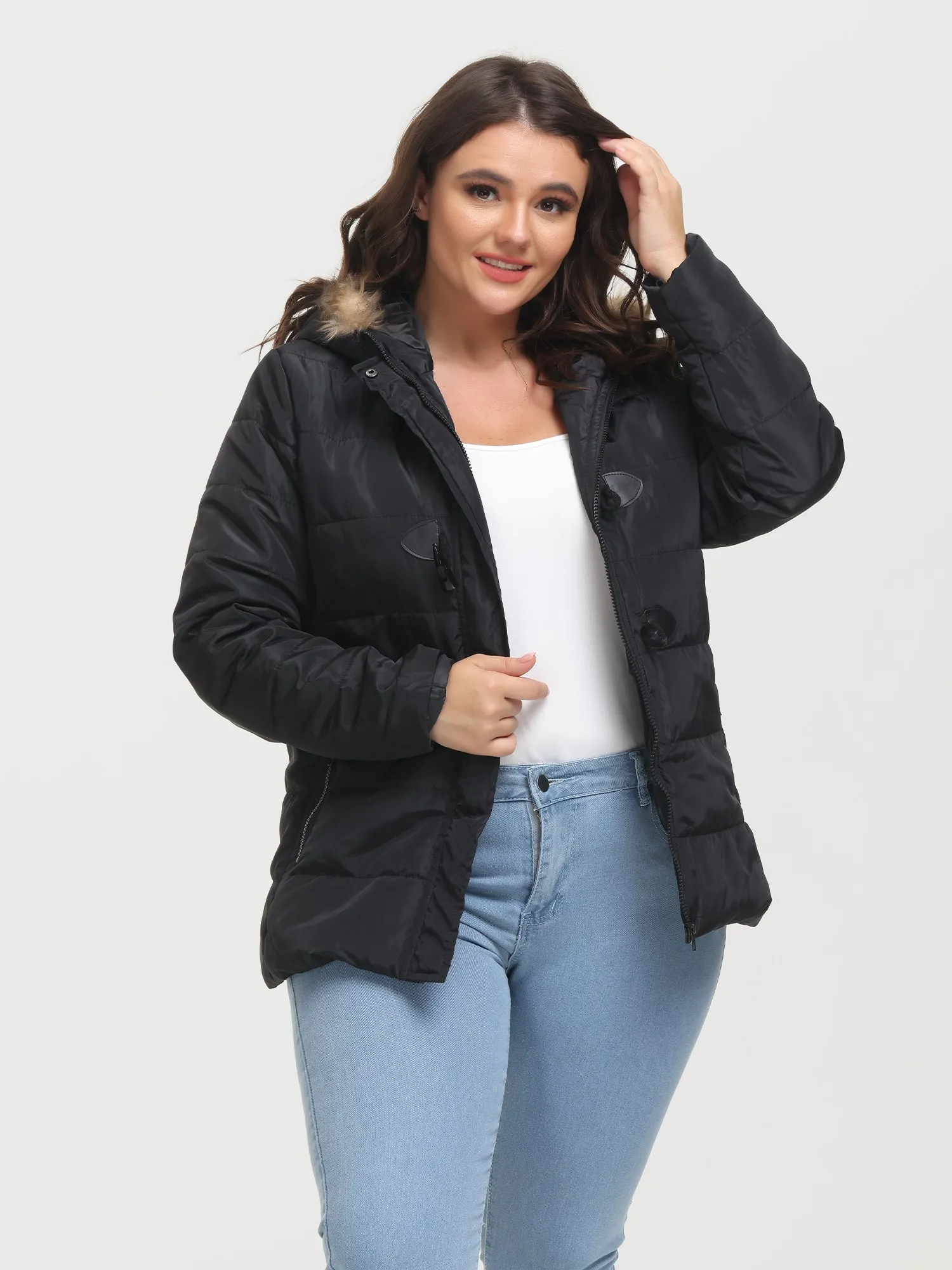 Midsize Horn Button Down Jacket Hooded with Pockets