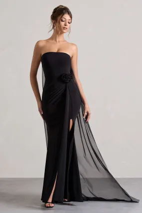 More To Come | Robe longue noire sans bretelles avec drapé et cape ornée d'un corsage