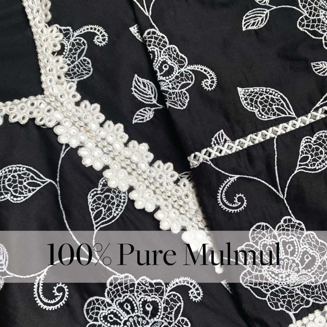 Mulmul Cotton Ezra Black Kurta With Mulmul Cotton Mirror Gota White Pant