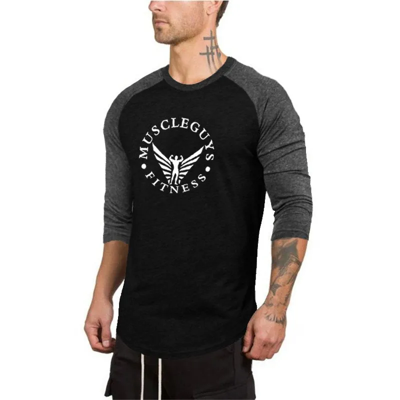 Muscleguys 3/4 Sleeve T-shirt Men Spring Autumn Casual Patchwork T Shirts Male Slim Fit Tops Fitness Raglan Tees Plus Size