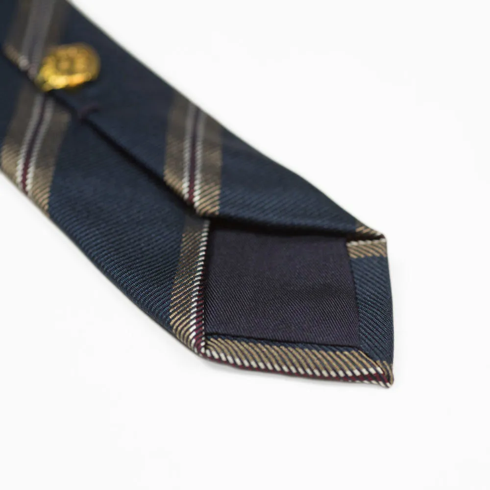 Navy silk twill tie, tan & burgundy stripes