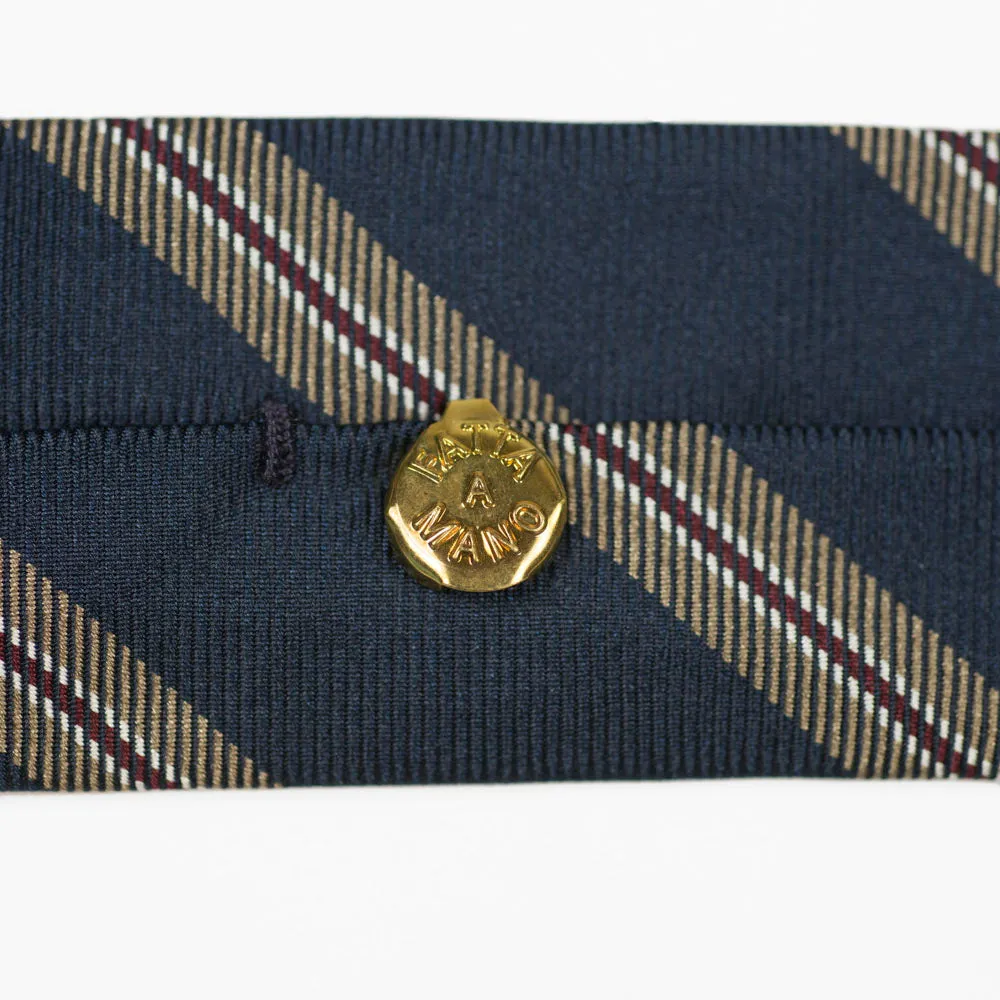 Navy silk twill tie, tan & burgundy stripes