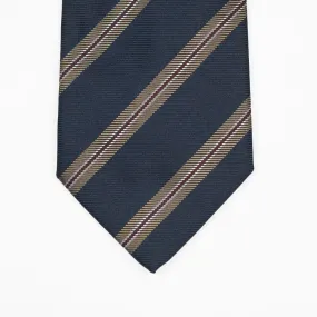 Navy silk twill tie, tan & burgundy stripes