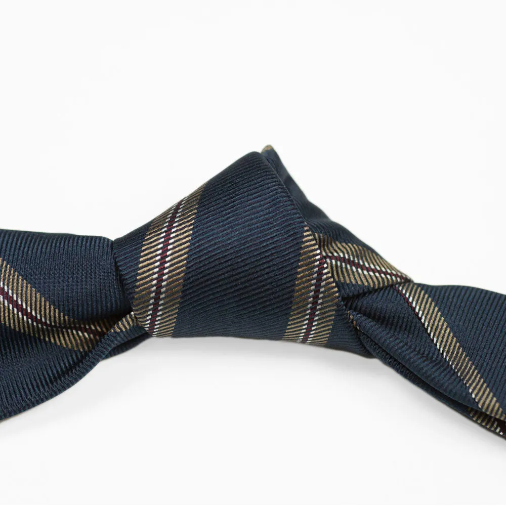 Navy silk twill tie, tan & burgundy stripes