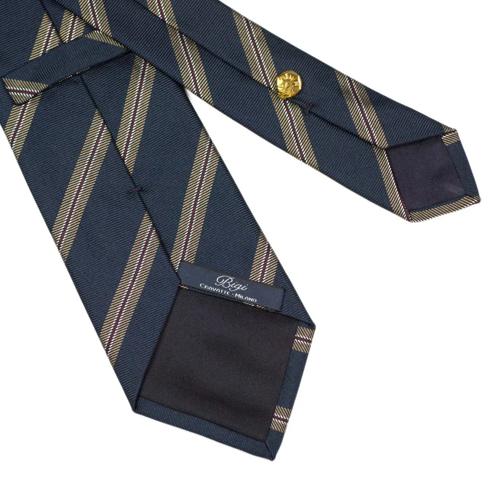 Navy silk twill tie, tan & burgundy stripes