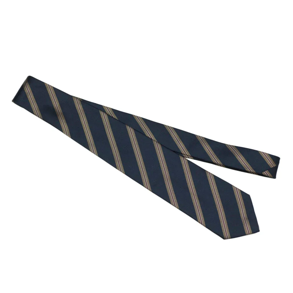 Navy silk twill tie, tan & burgundy stripes