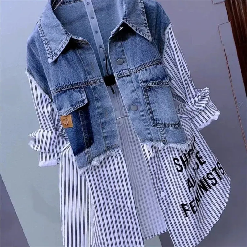 New Splicing Denim Jacket Women Spring Autumn Korean Fashion Denim Shirt Tops Casual Jean Jackets Female Windbreaker