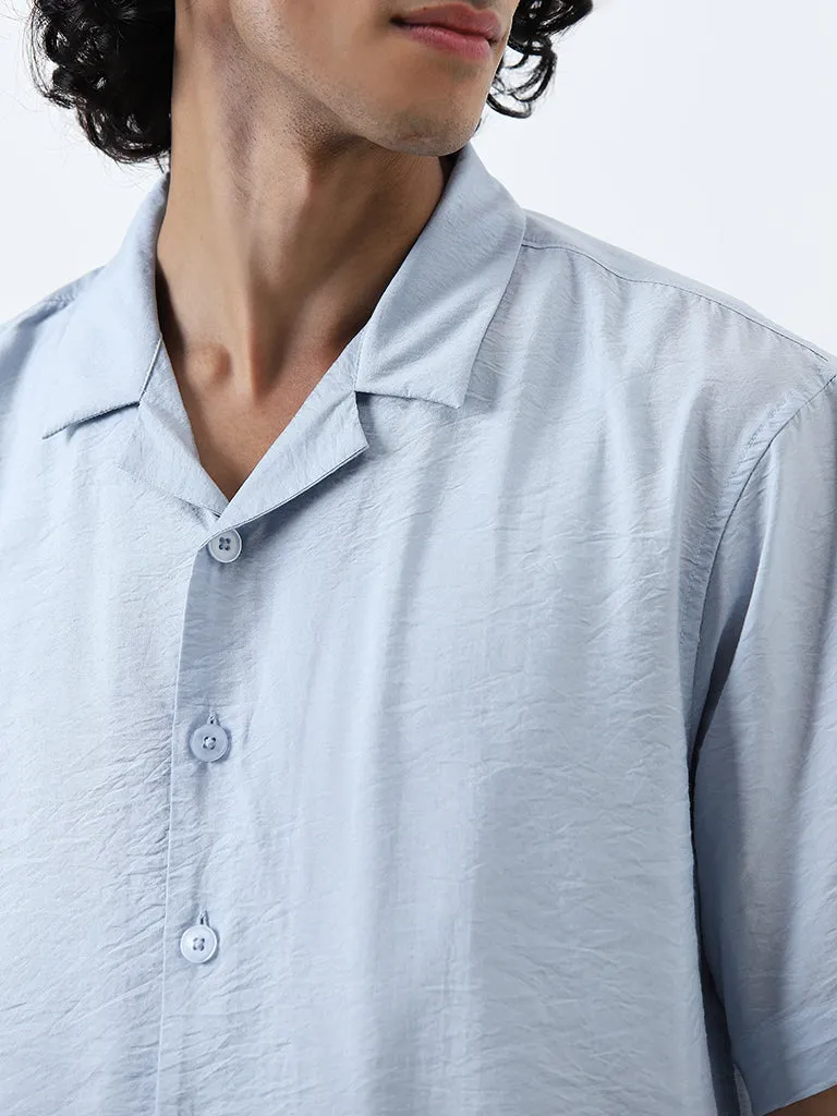 Nuon Light Blue Crinkled Relaxed-Fit Cotton Shirt