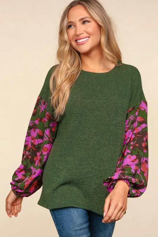 Olive Green Floral Sleeve Top