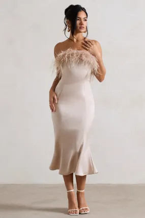 One And Only | Robe mi-longue en satin champagne et bordure de plumes