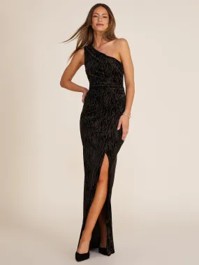 One-Shoulder Allover Glitter Velvet Gown