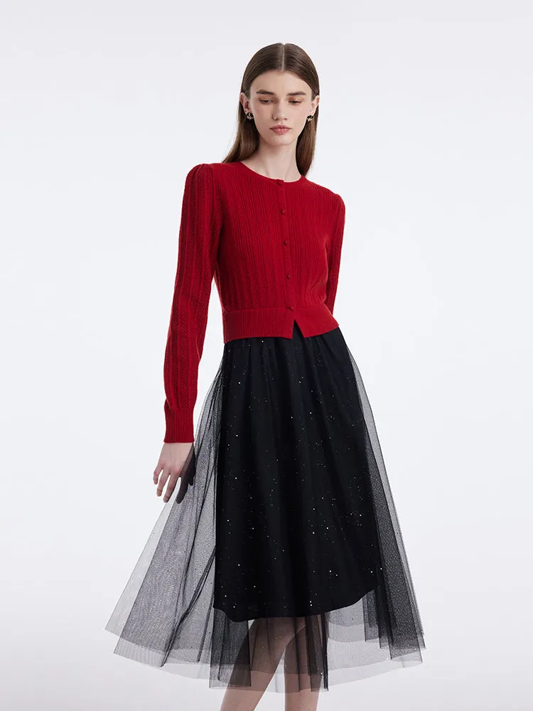 Pure Wool Patchwork Sequins Tulle Women Midi Dress