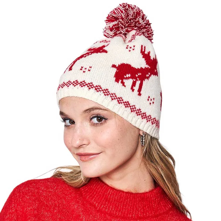 Reindeer Nordic Pom Pom Beanie Hat