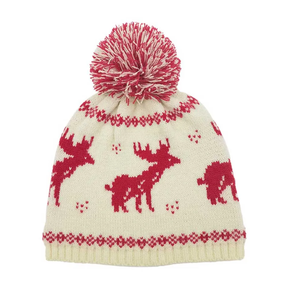 Reindeer Nordic Pom Pom Beanie Hat