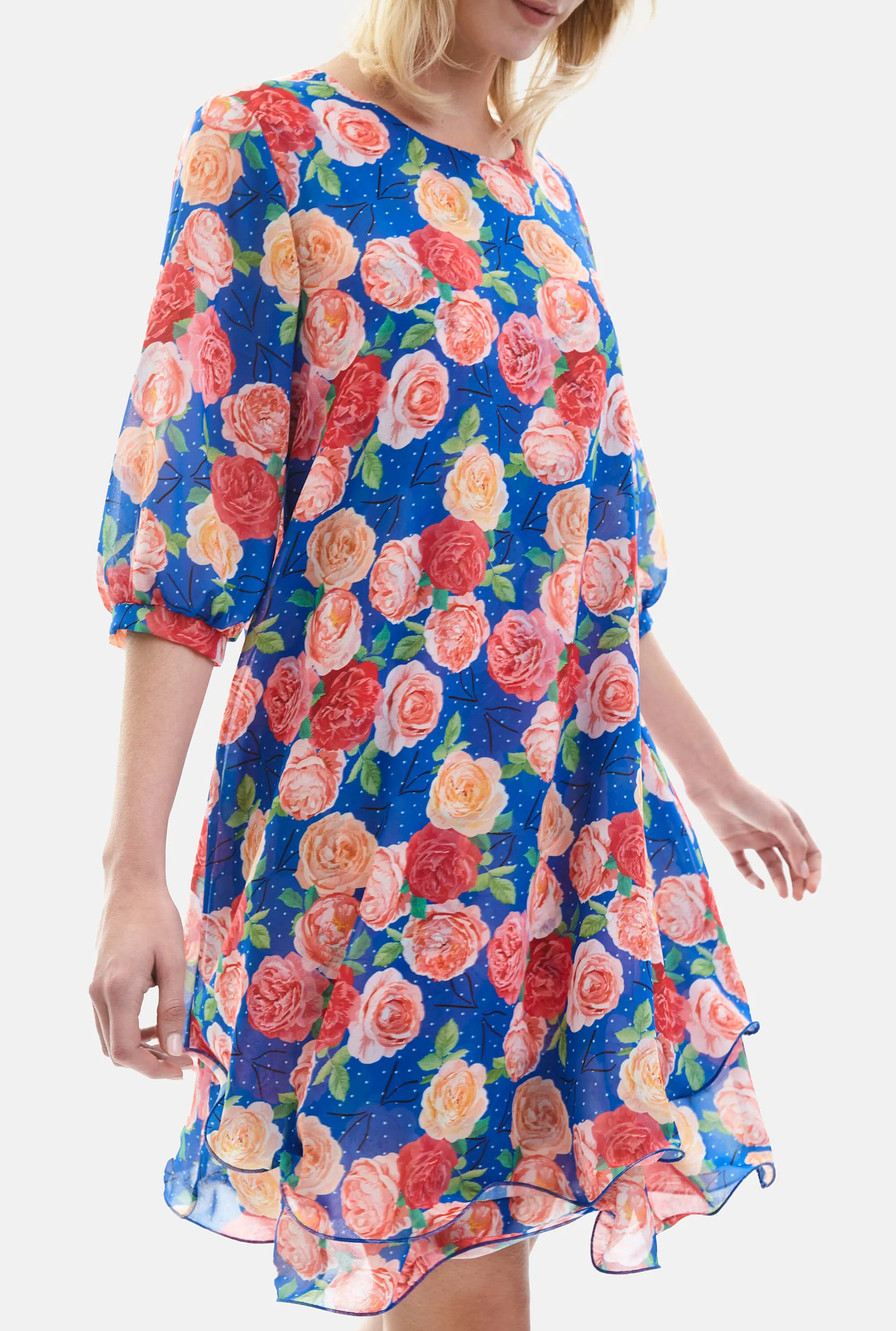 Rose Print Wave Hem Dress Royal