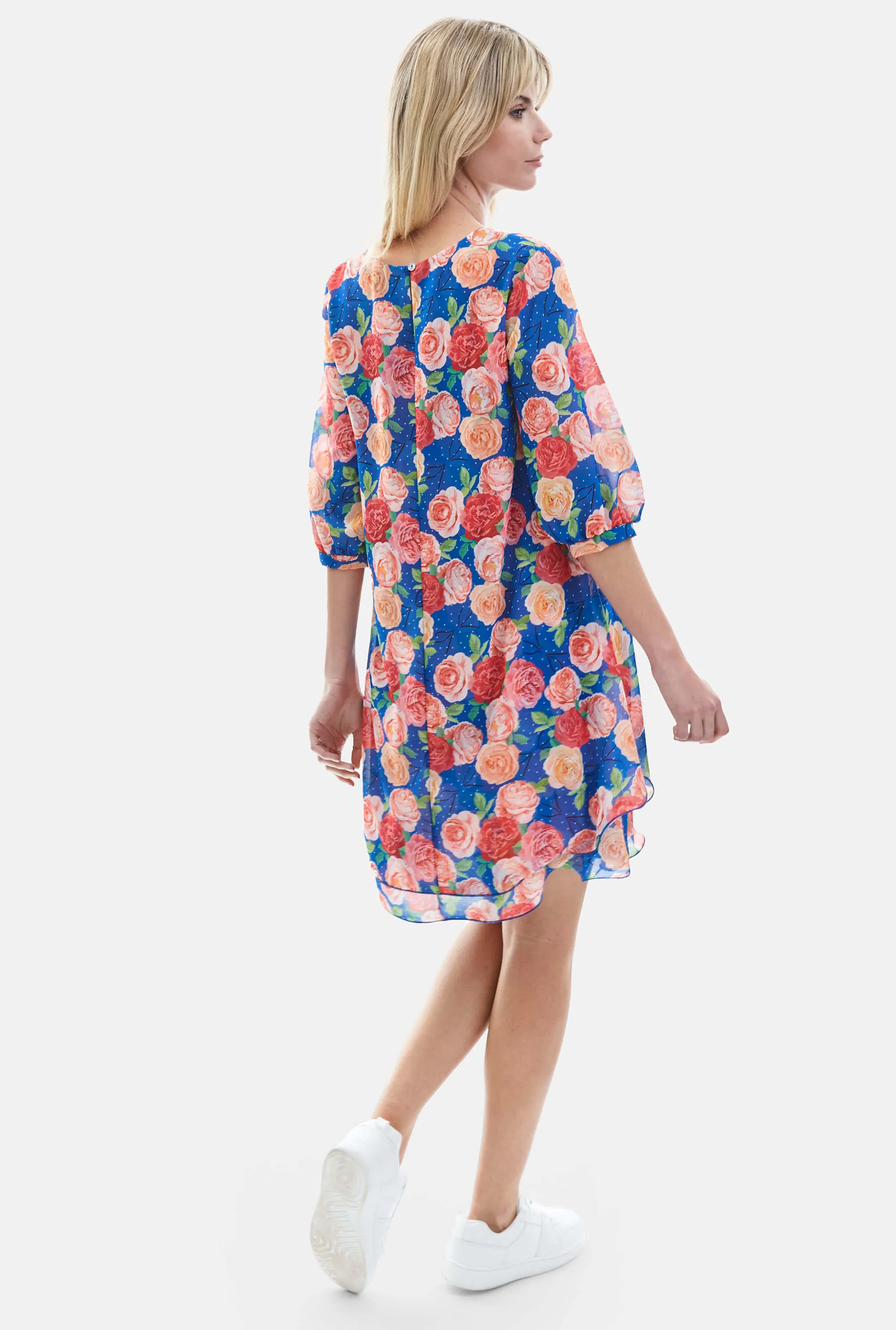 Rose Print Wave Hem Dress Royal