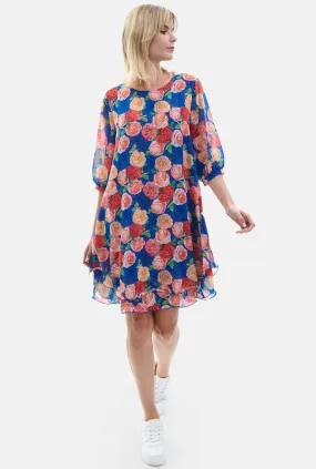 Rose Print Wave Hem Dress Royal