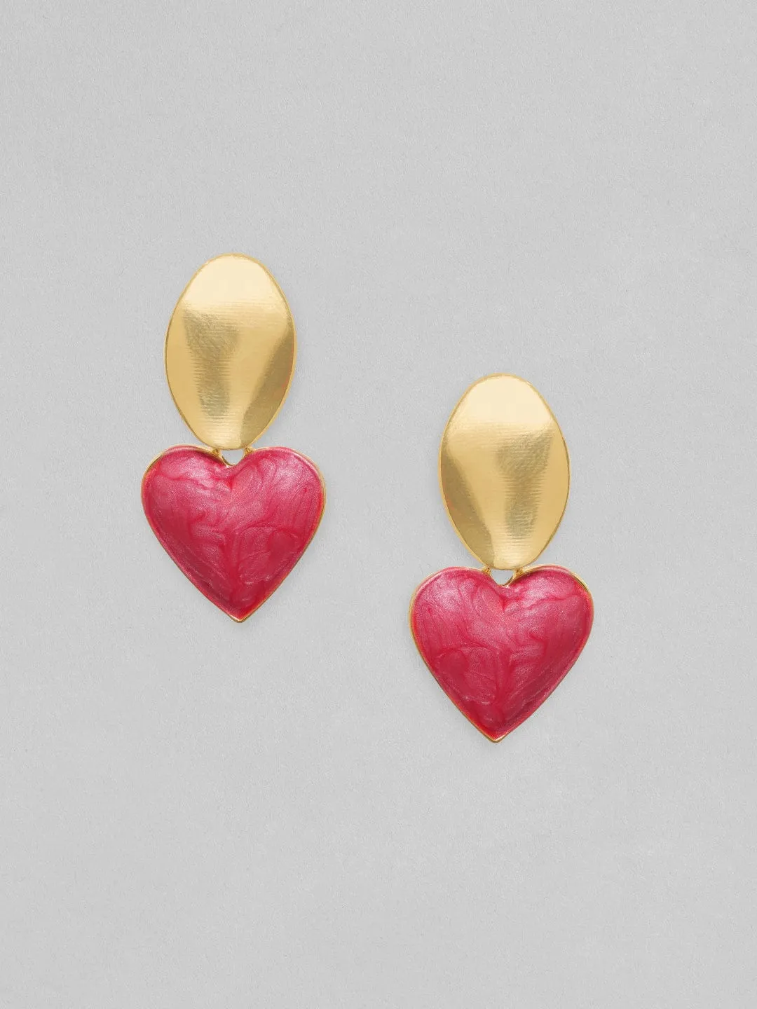 Rubans Voguish Gold Toned Textured Stud With Red Heart Motif Drop Earrings