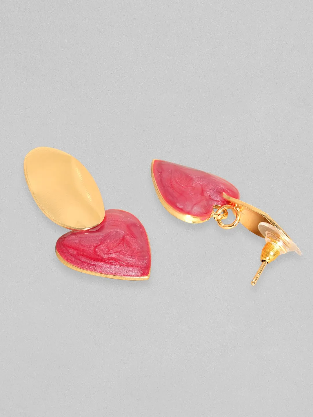 Rubans Voguish Gold Toned Textured Stud With Red Heart Motif Drop Earrings