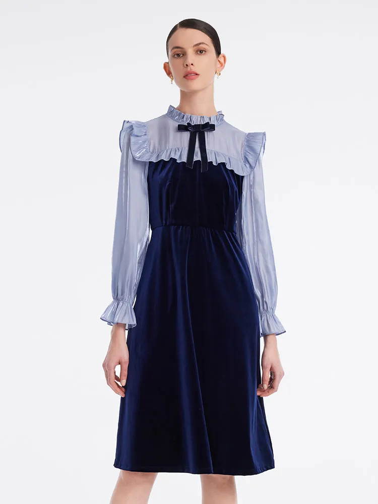 Ruffle Collar Velvet Patchwork Midi Collared Dress