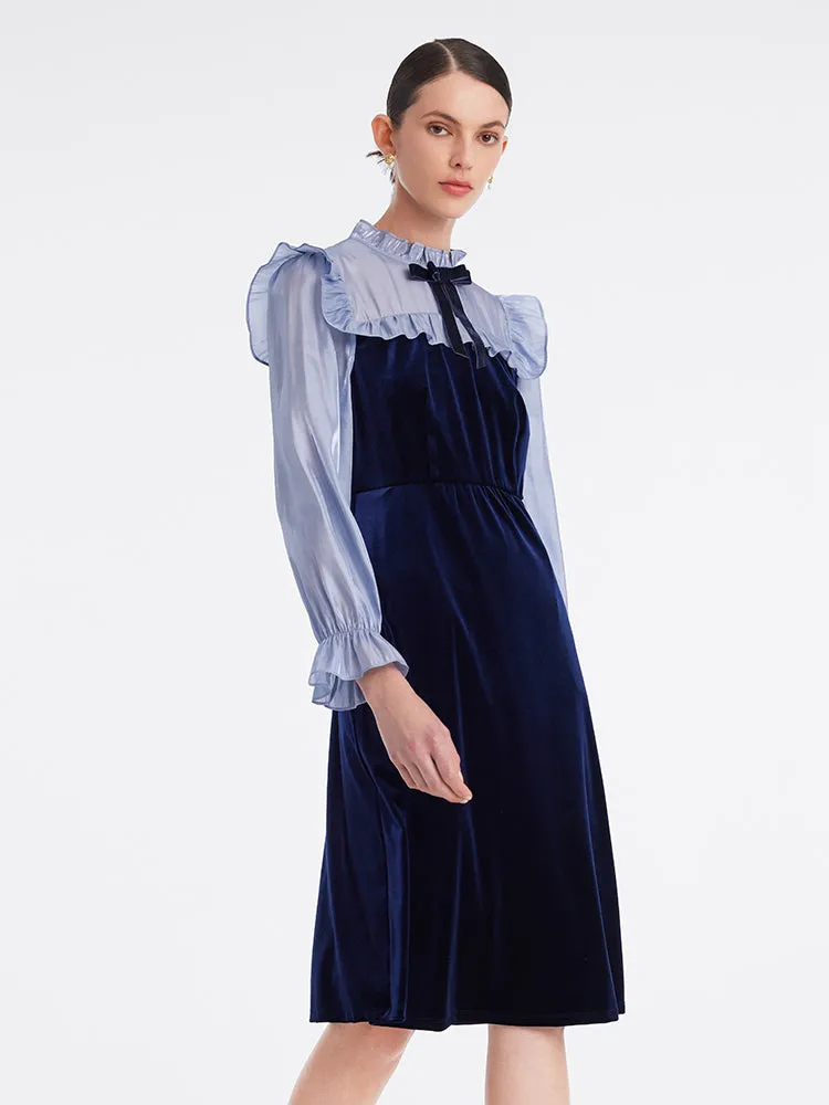 Ruffle Collar Velvet Patchwork Midi Collared Dress