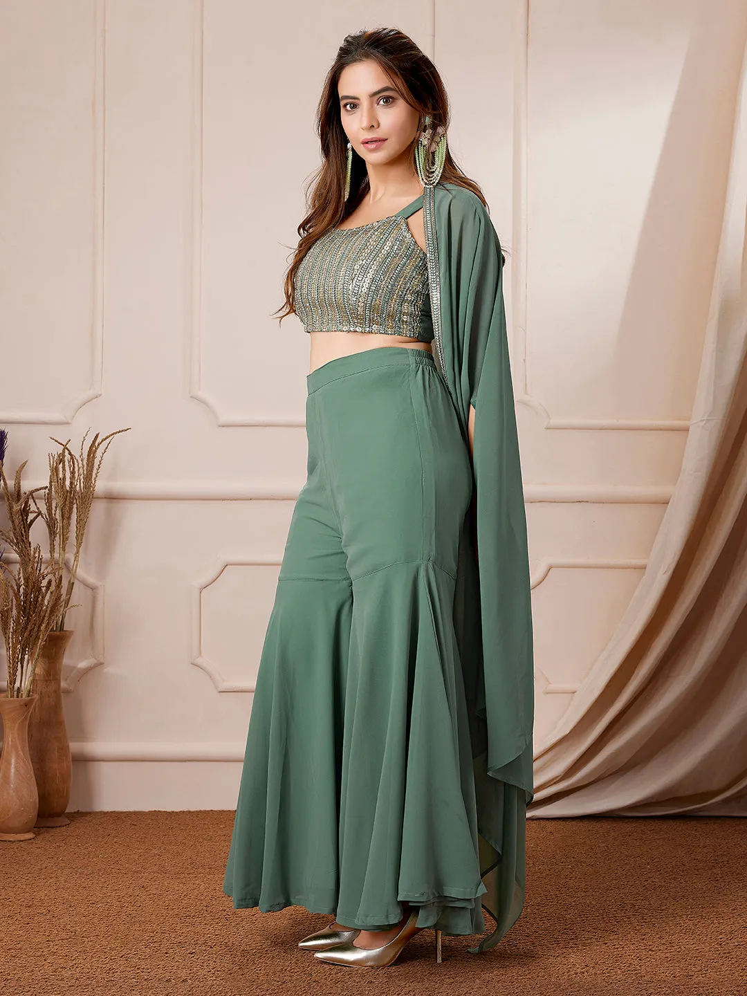 Sage Green Georgette Sequined Crop Top With Sharara & Cape Set