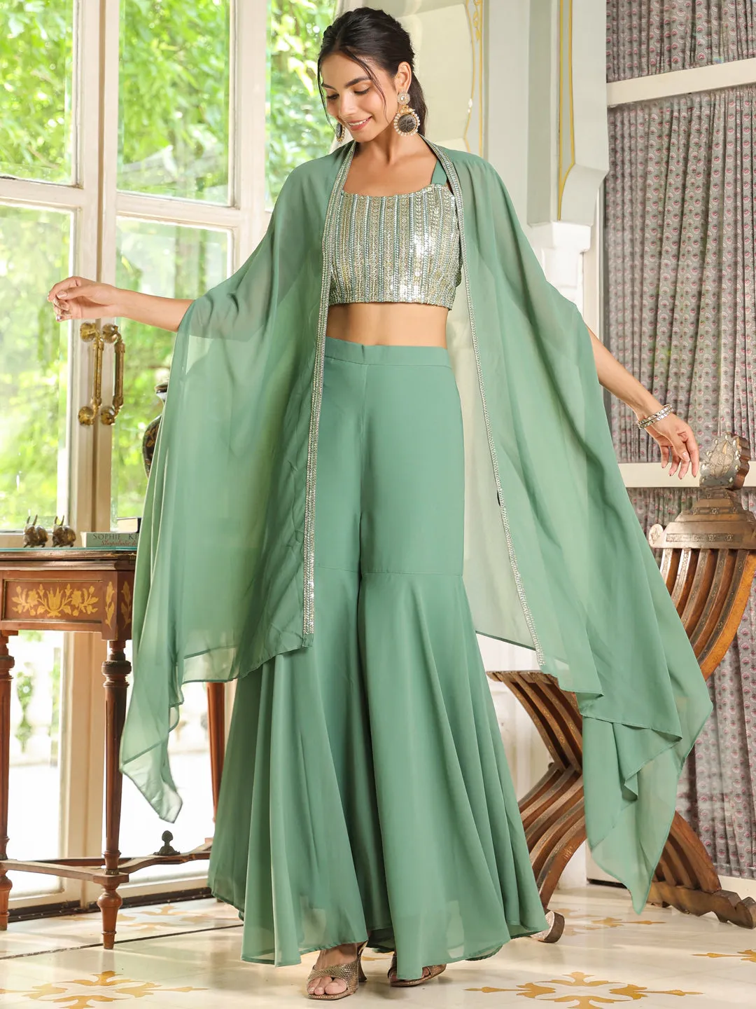 Sage Green Georgette Sequined Crop Top With Sharara & Cape Set