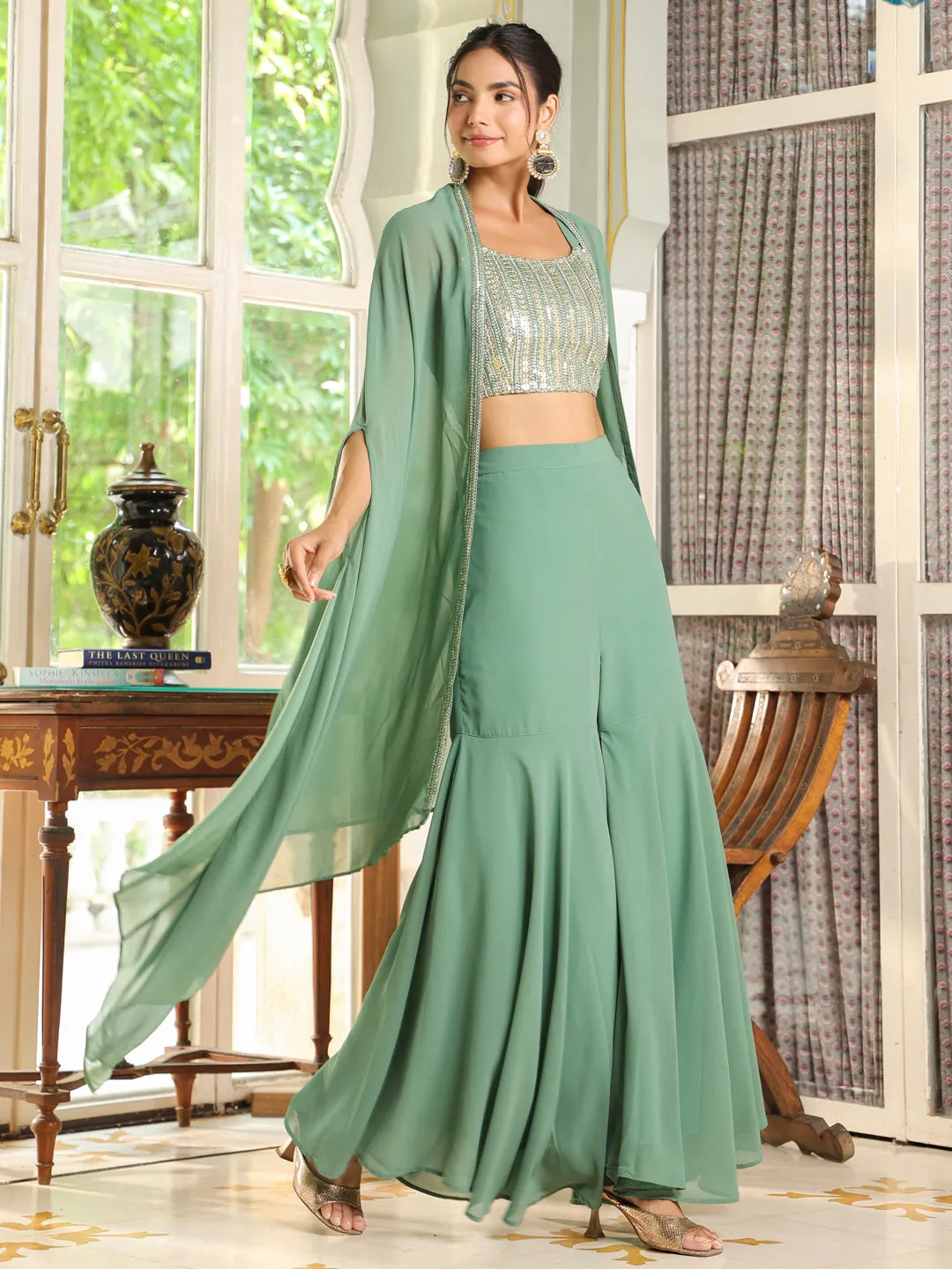 Sage Green Georgette Sequined Crop Top With Sharara & Cape Set