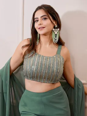 Sage Green Georgette Sequined Crop Top With Sharara & Cape Set