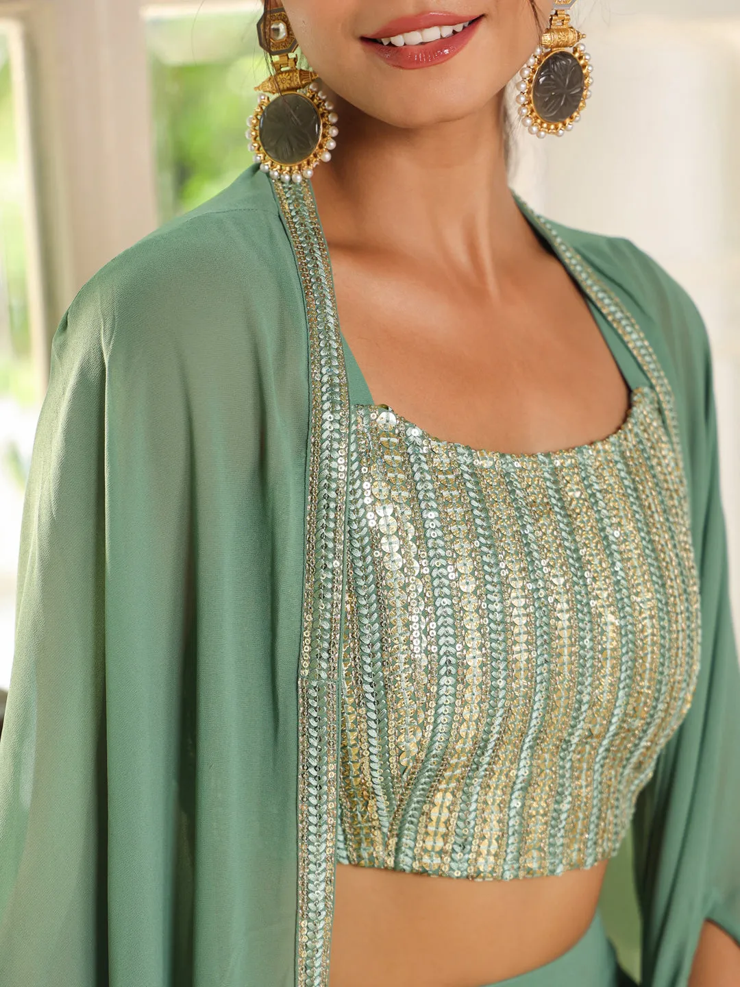 Sage Green Georgette Sequined Crop Top With Sharara & Cape Set