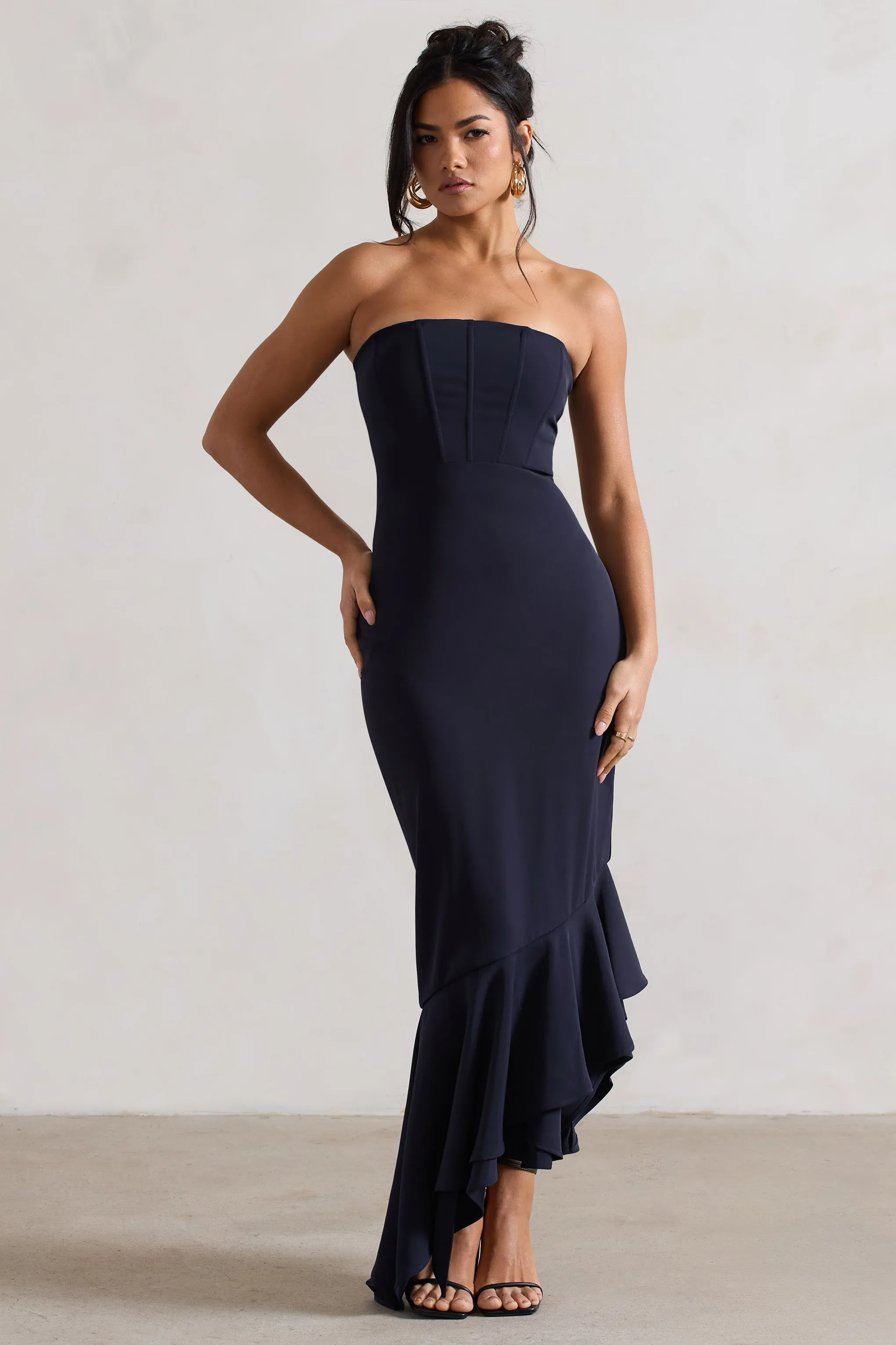 Sandy | Robe longue bleu marine asymétrique sans bretelles