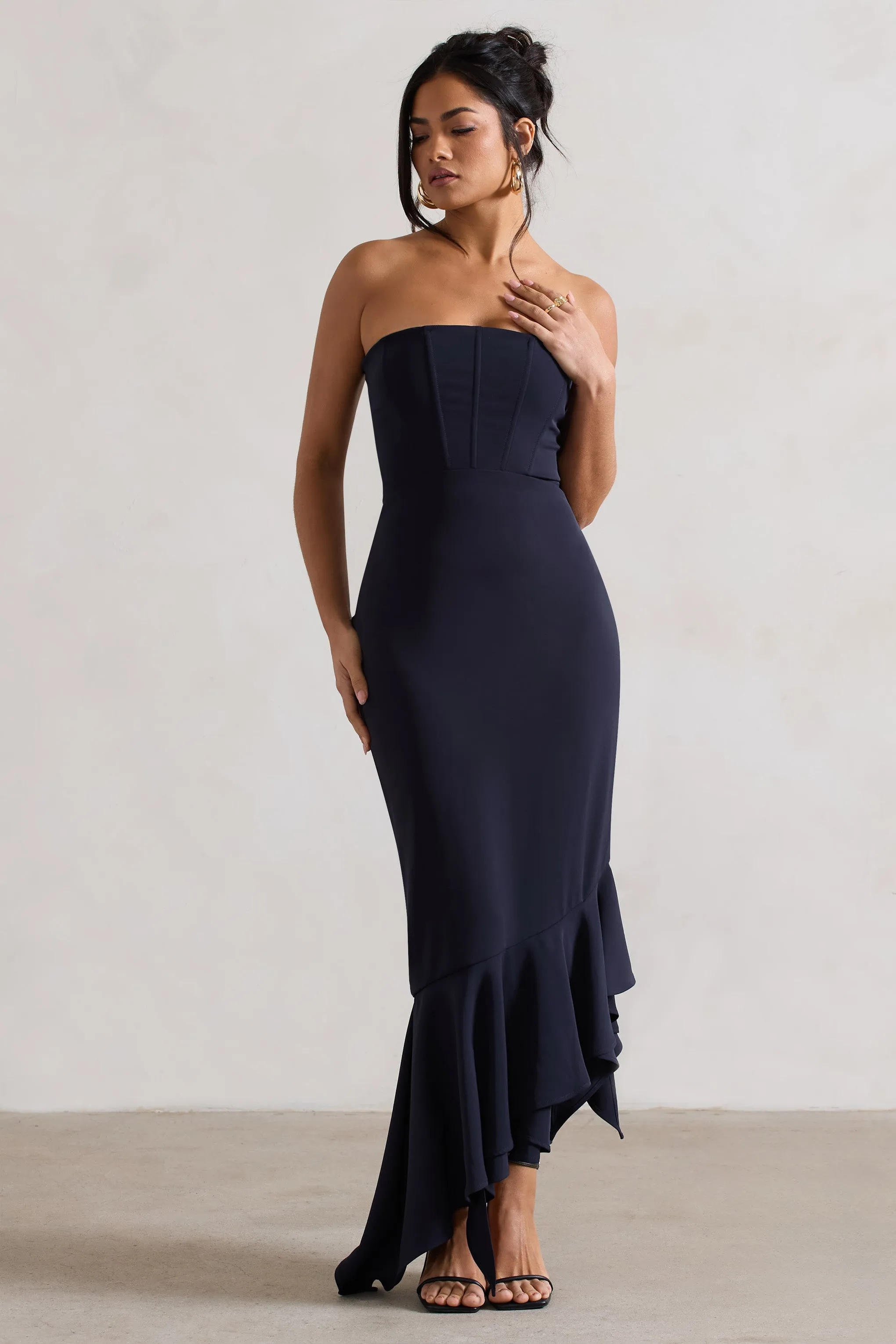 Sandy | Robe longue bleu marine asymétrique sans bretelles