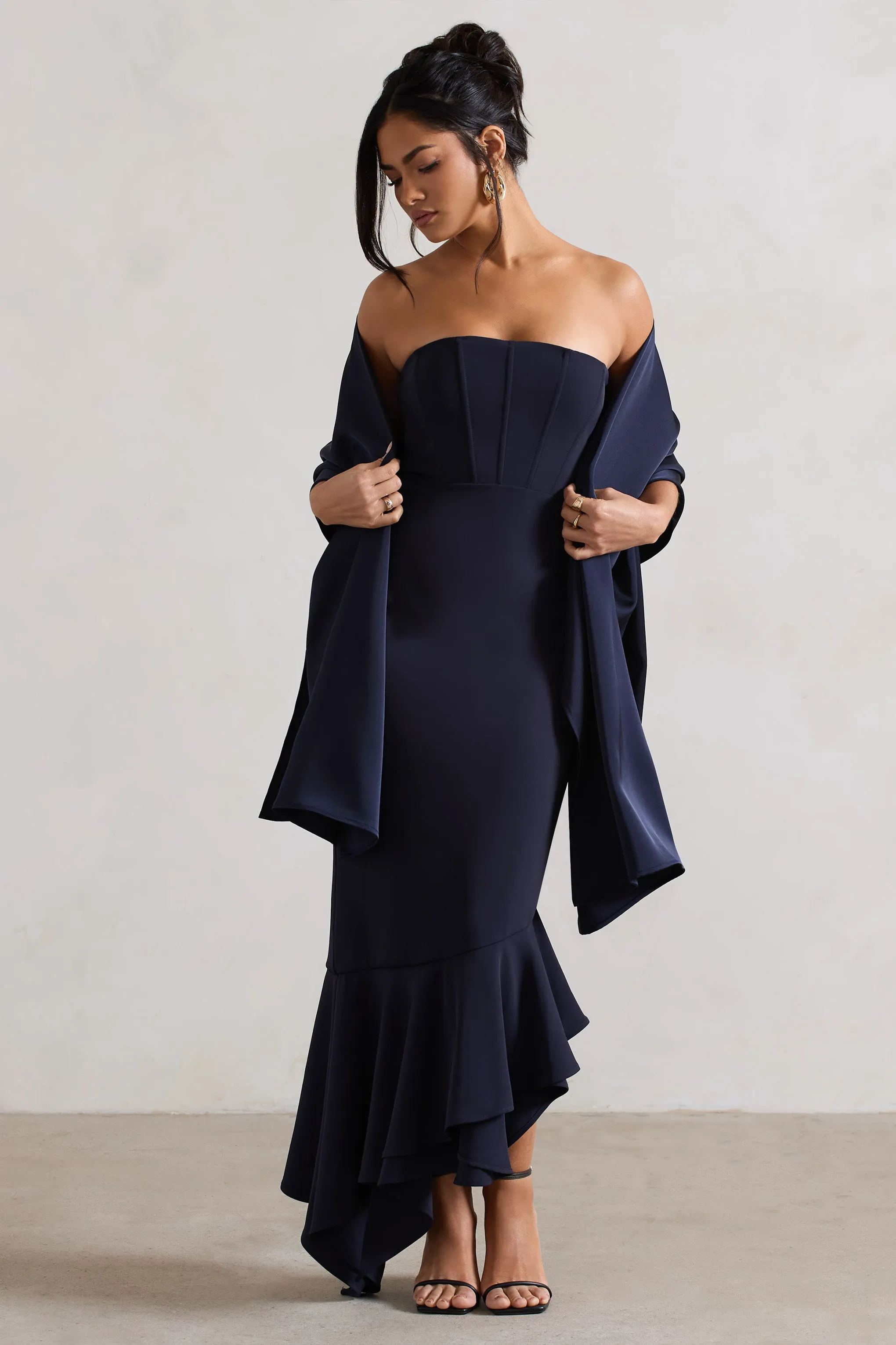 Sandy | Robe longue bleu marine asymétrique sans bretelles