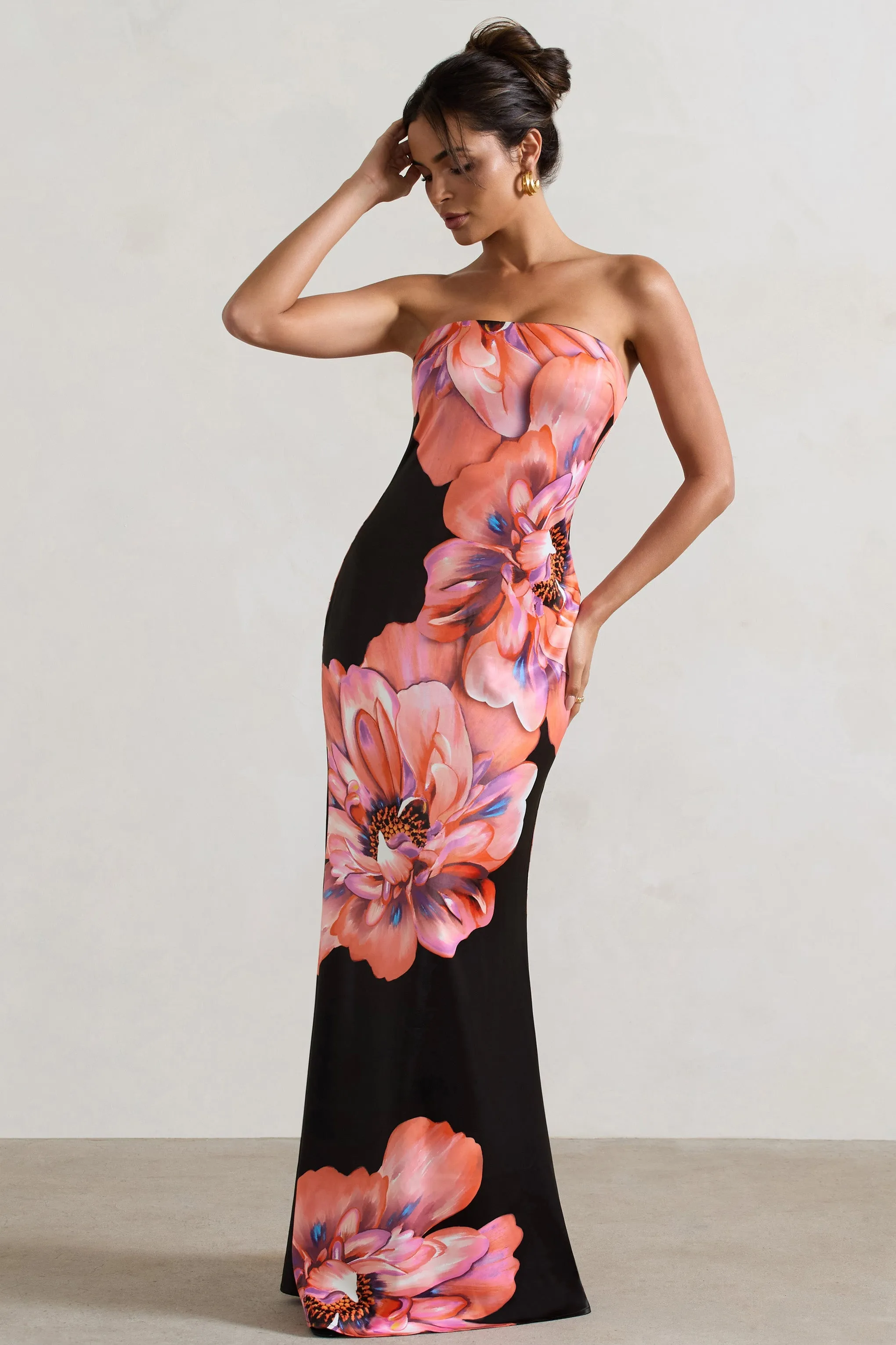 Sofiane | Robe longue à imprimé floral noir et rose décolleté bandeau