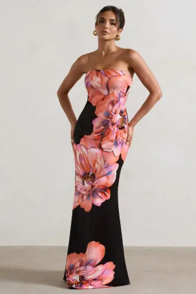 Sofiane | Robe longue à imprimé floral noir et rose décolleté bandeau