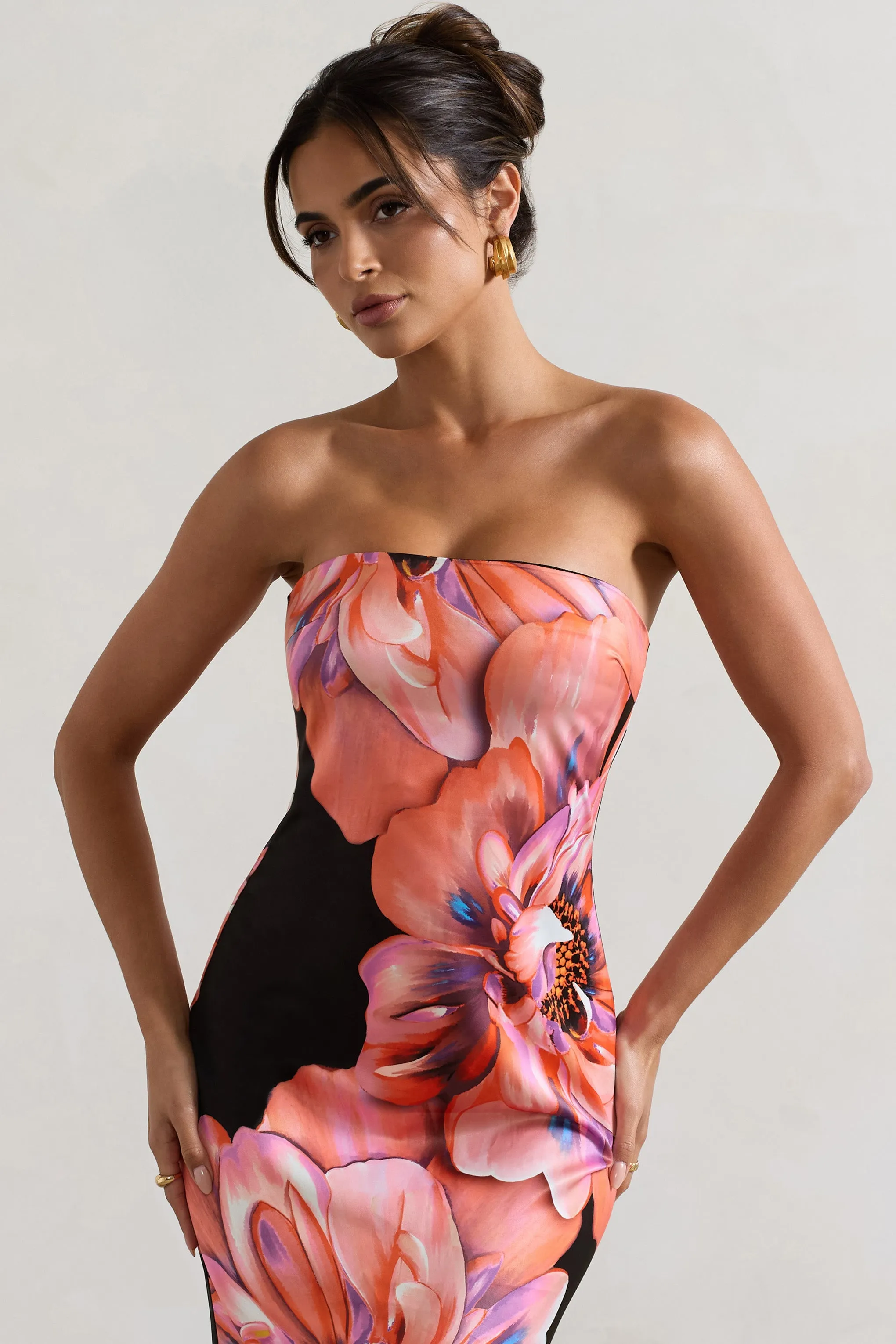 Sofiane | Robe longue à imprimé floral noir et rose décolleté bandeau