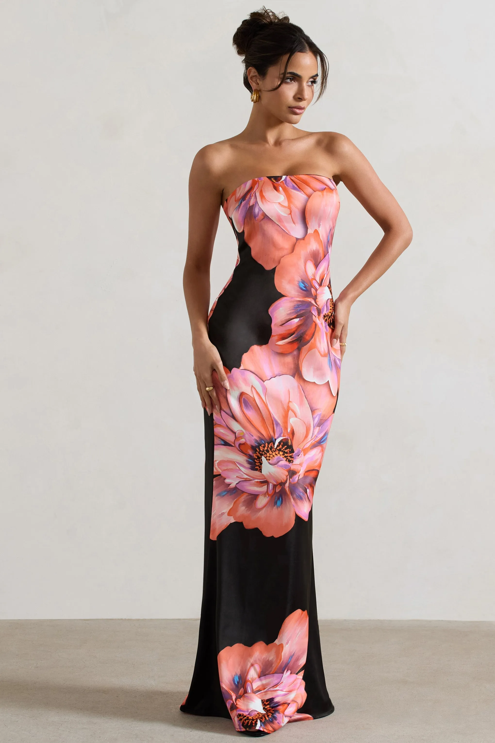 Sofiane | Robe longue à imprimé floral noir et rose décolleté bandeau