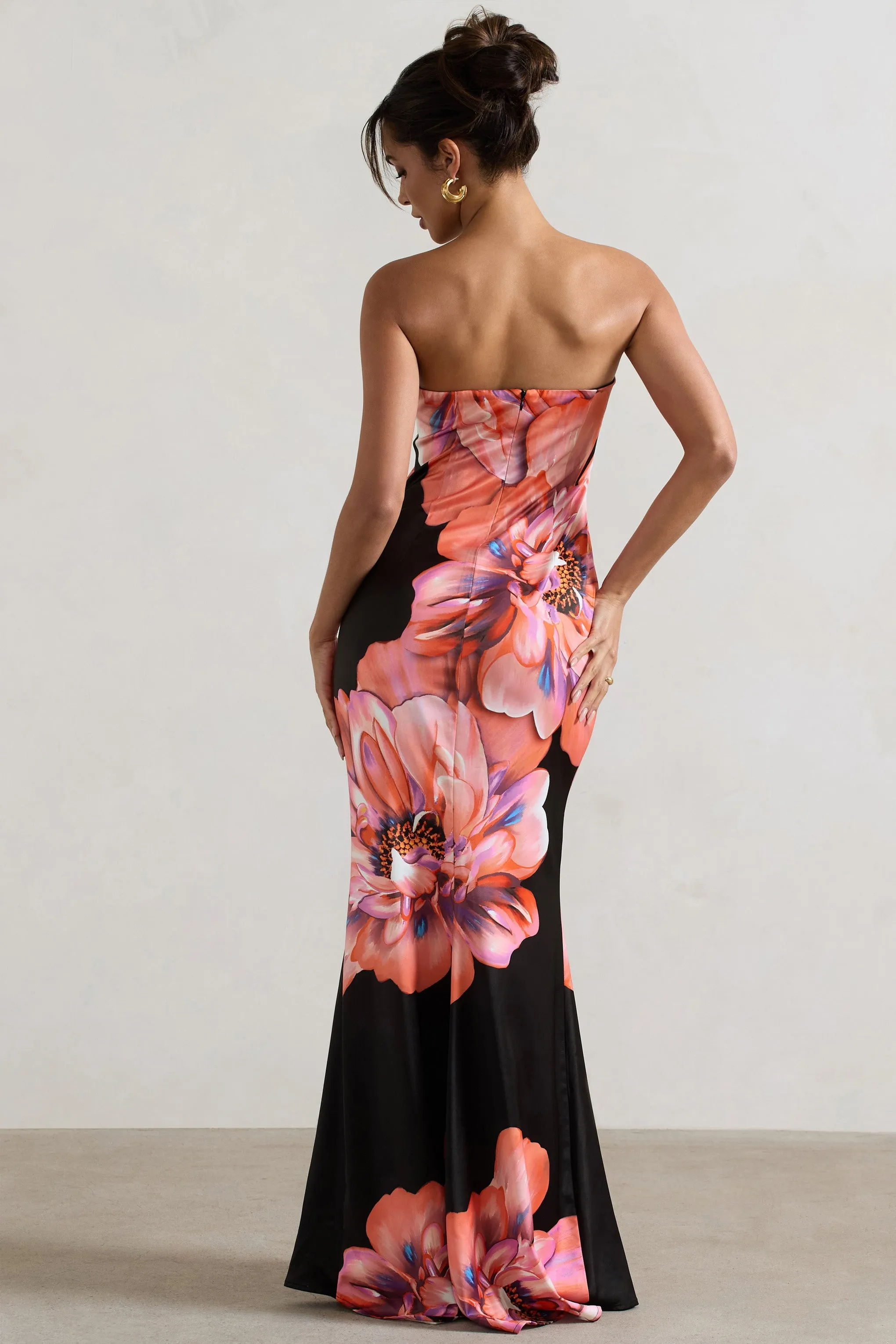 Sofiane | Robe longue à imprimé floral noir et rose décolleté bandeau