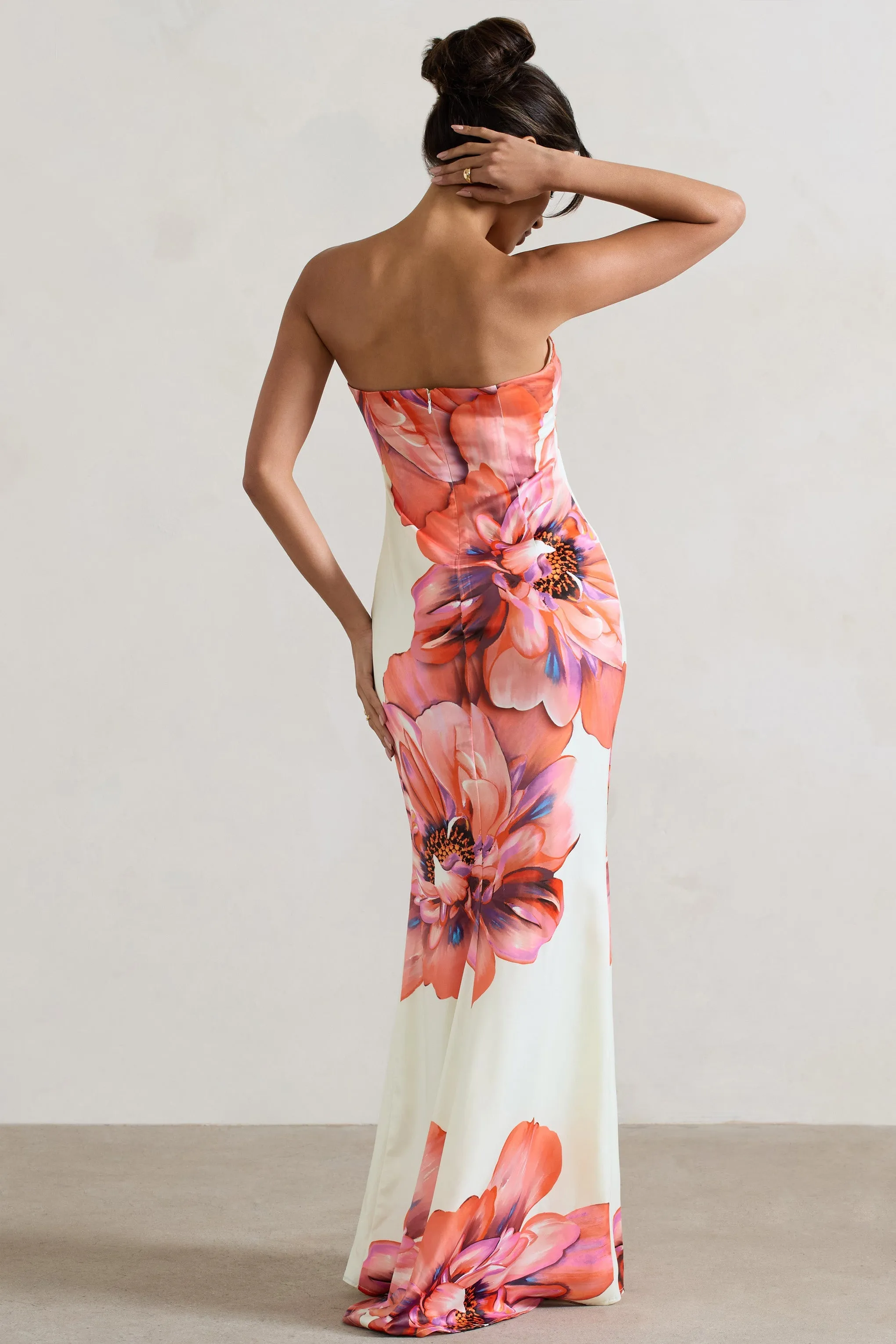 Sofiane | Robe longue à imprimé floral rose et blanc décolleté bandeau