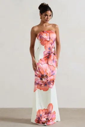 Sofiane | Robe longue à imprimé floral rose et blanc décolleté bandeau