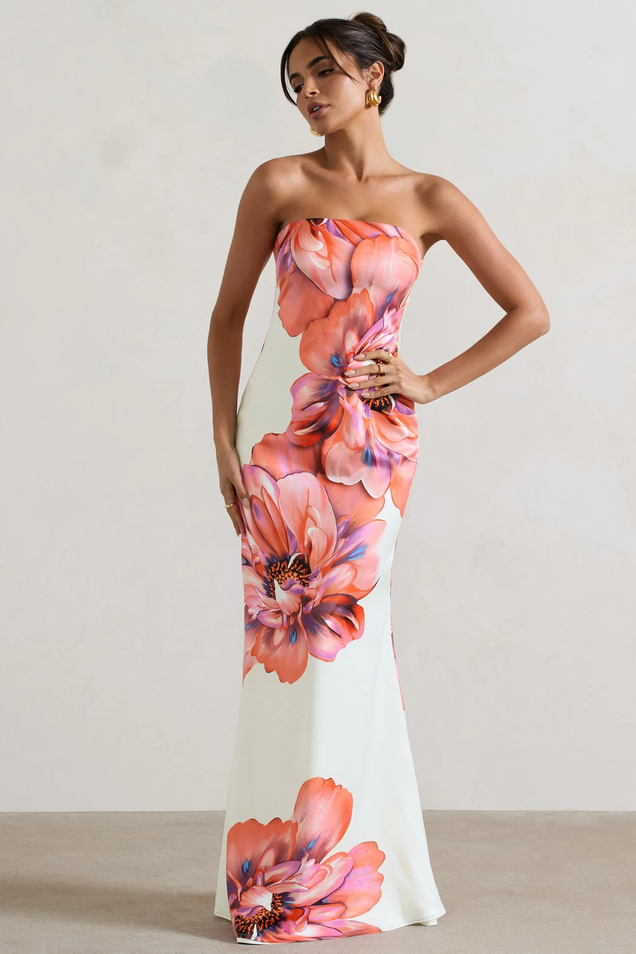 Sofiane | Robe longue à imprimé floral rose et blanc décolleté bandeau