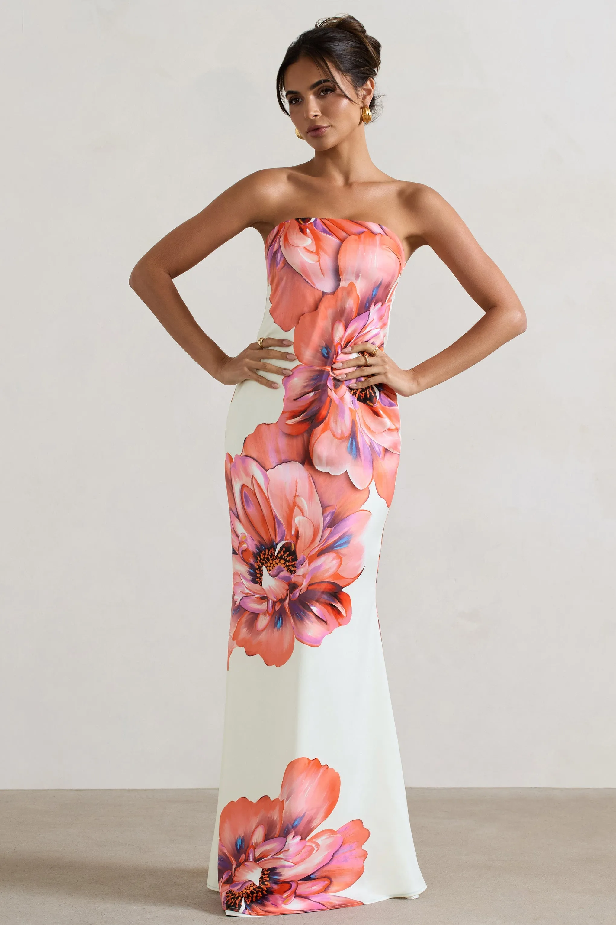 Sofiane | Robe longue à imprimé floral rose et blanc décolleté bandeau