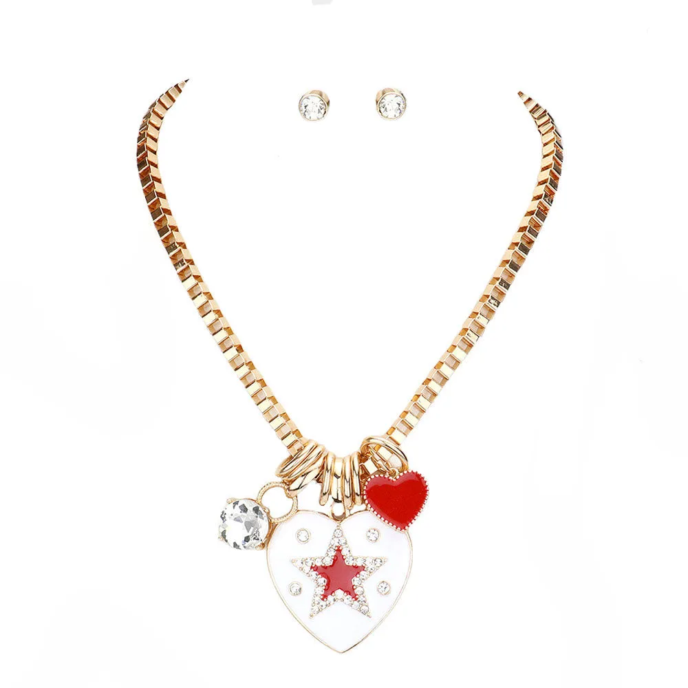 Star Centered Enamel Heart Round Stone Pendant Necklace