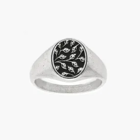 Sterling Silver Floral Oval Signet Ring With Aged Finish