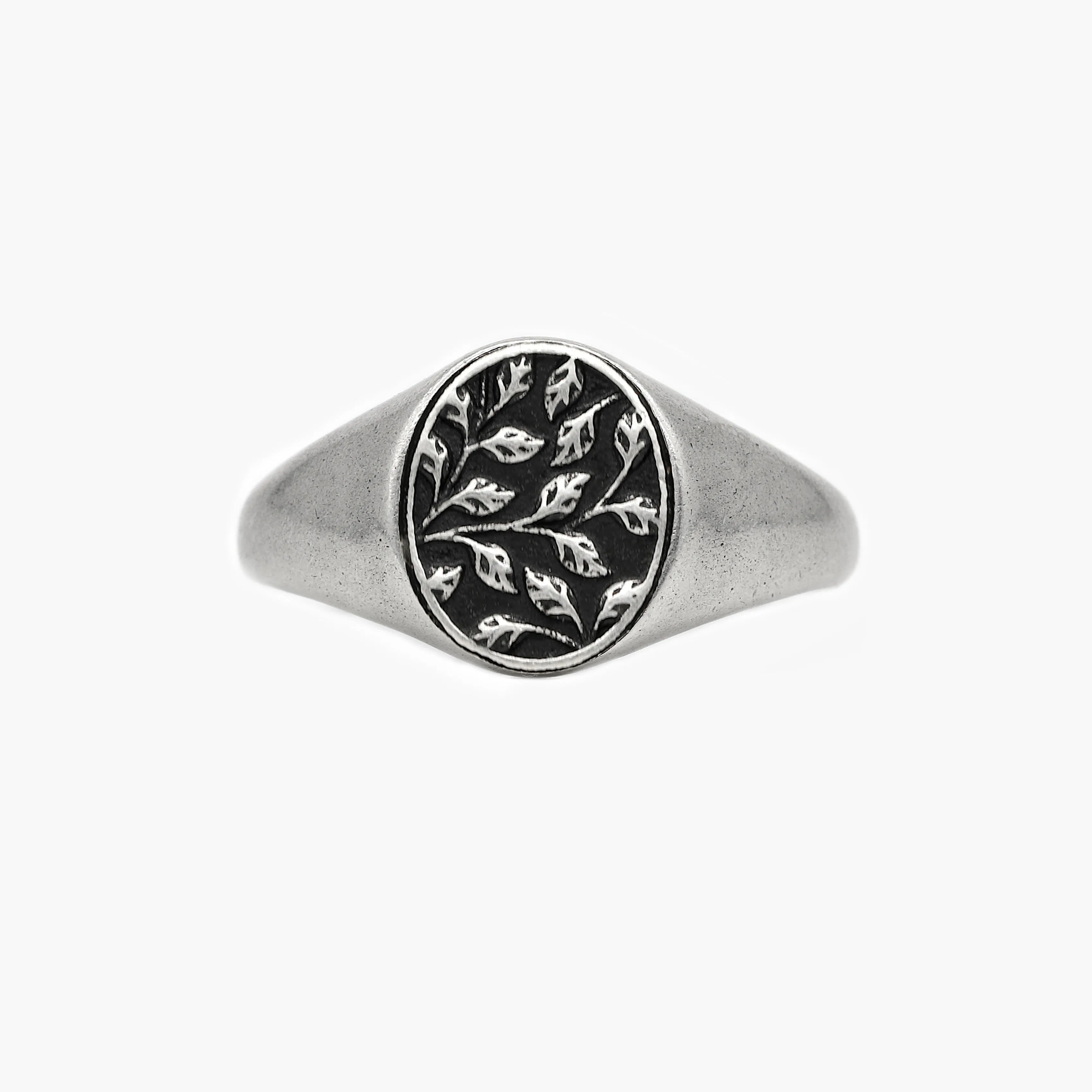 Sterling Silver Floral Oval Signet Ring With Aged Finish