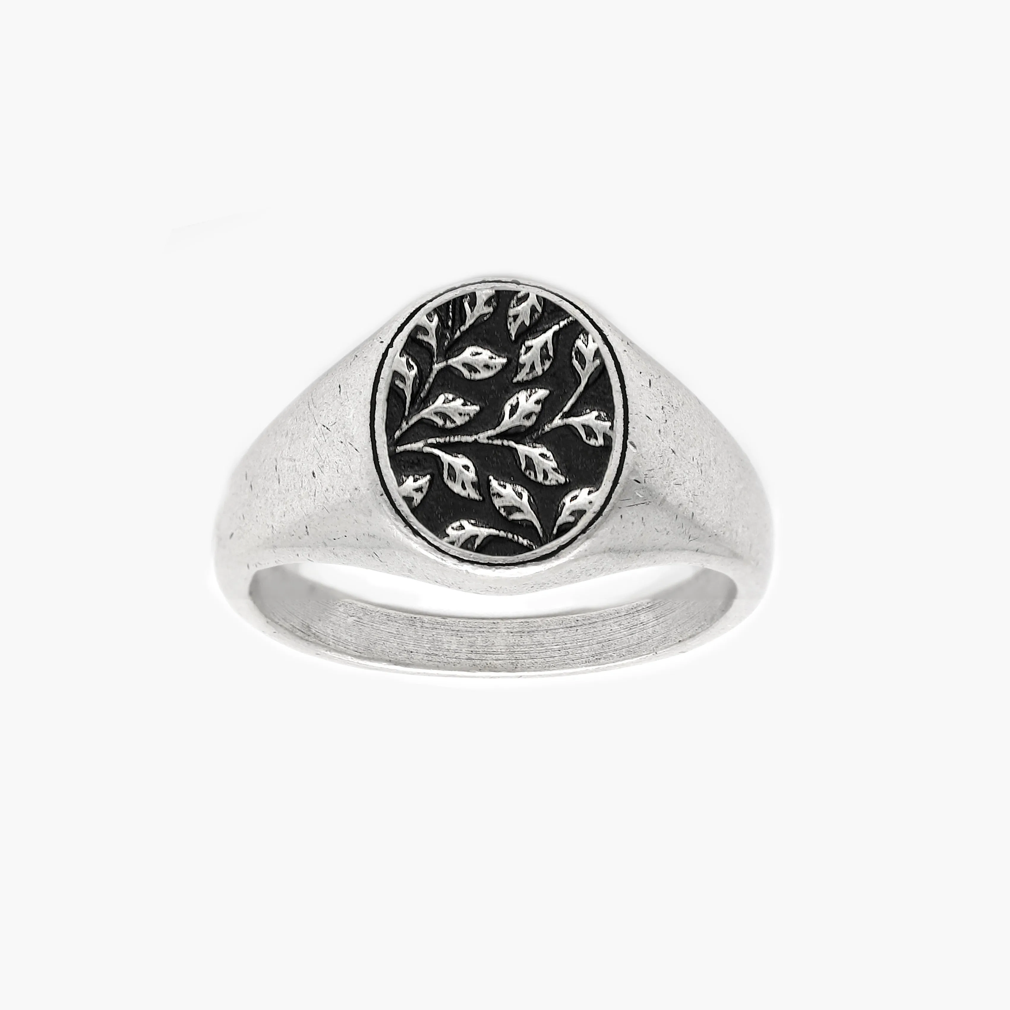 Sterling Silver Floral Oval Signet Ring With Aged Finish