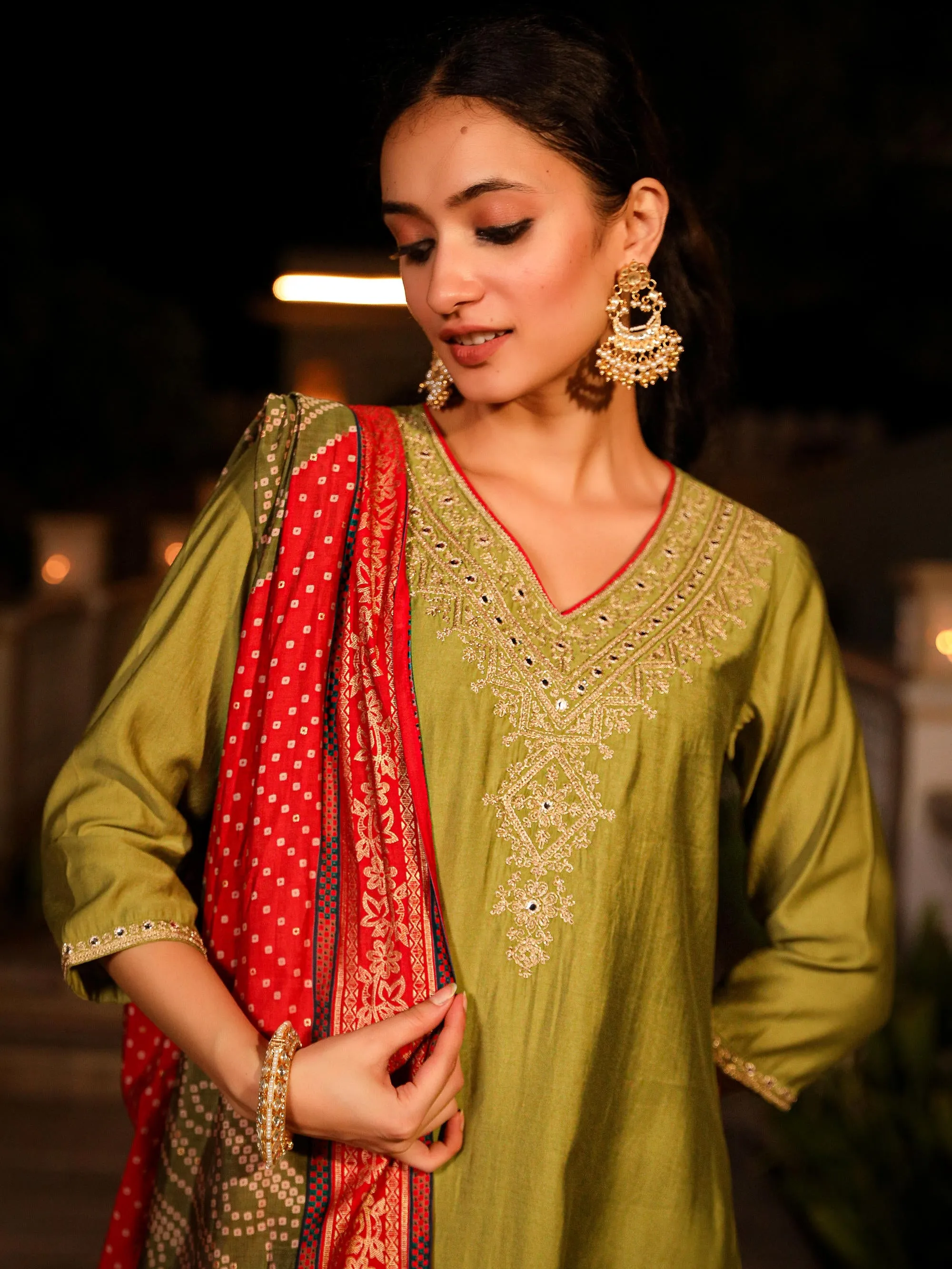 The Swarn Green Zari Embroidered Viscose Kurta Pant And Dupatta With Mirror Work