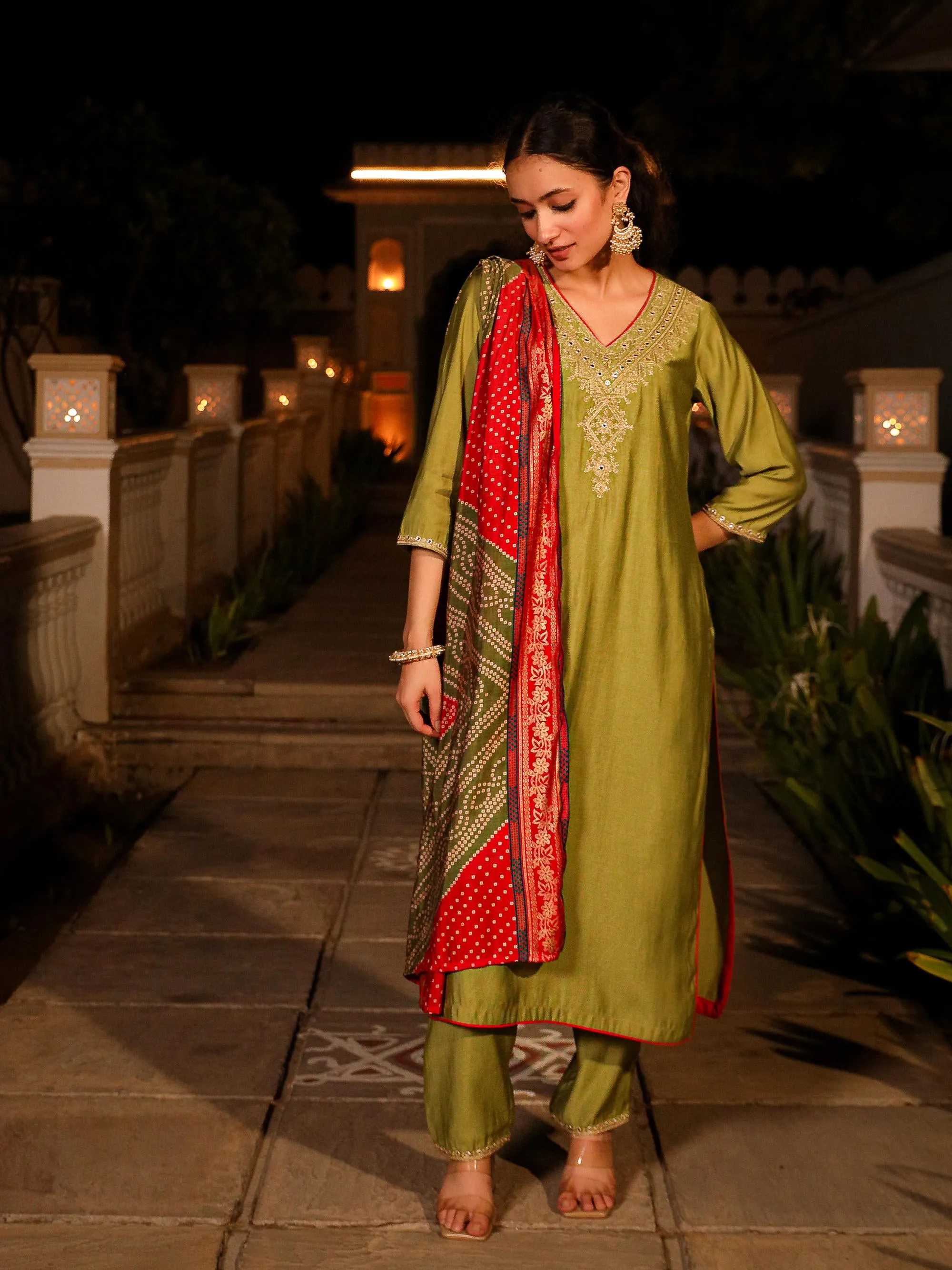 The Swarn Green Zari Embroidered Viscose Kurta Pant And Dupatta With Mirror Work